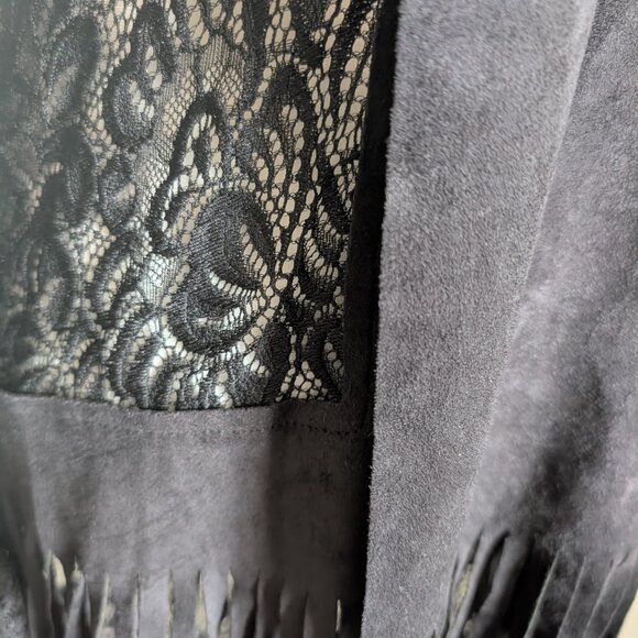 Simon Chang Lace Crochet Duster Faux Suede Fringe Black Size 10, M, Whimsigoth - Picture 8 of 13